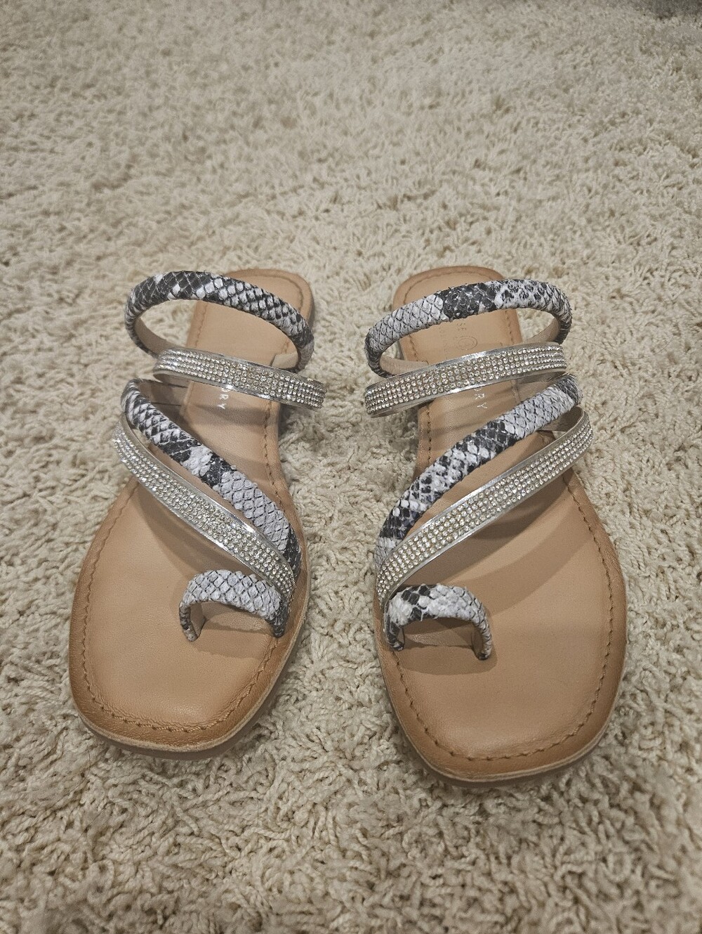 Laundry By Shelli Segal Black & White Snake-Print Rhinestone Strappy Sandals